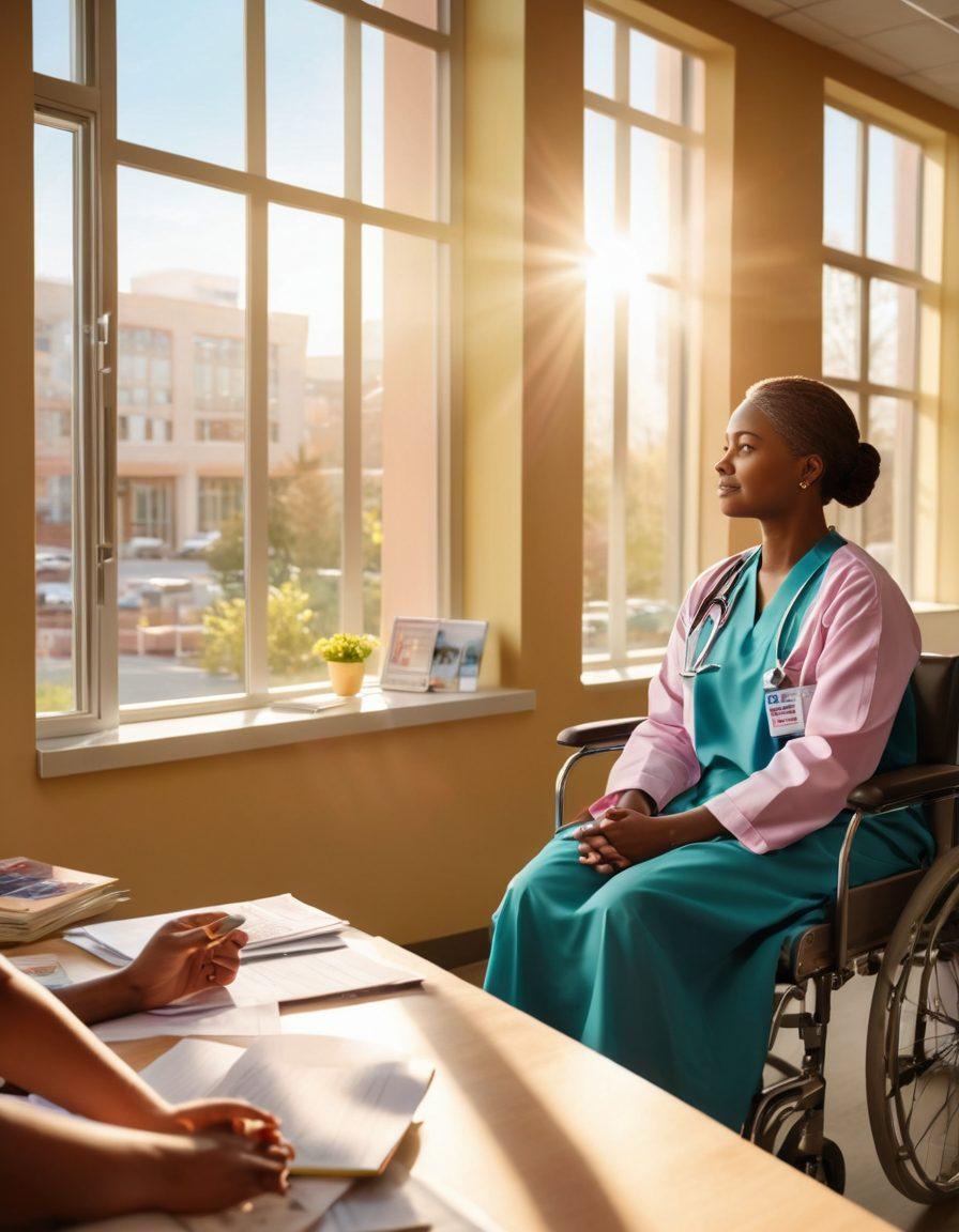 A serene hospital scene portraying a compassionate healthcare professional engaging with a patient, surrounded by educational materials about cancer care. Bright sunlight filters through large windows, casting a warm glow on supportive advocacy posters in the background. Include diverse individuals to represent inclusivity and empowerment. super-realistic. vibrant colors. 3D.
