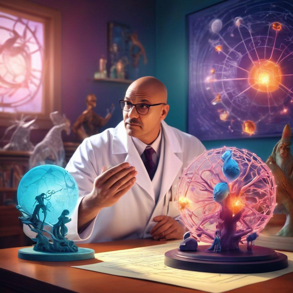 A thoughtful oncologist holding a glowing cancer cell model, surrounded by mythological creatures representing various cancer myths. In the background, a patient advocate is engaged in a conversation, with a blend of scientific charts and mythological symbols. A peering light illuminating the scene, symbolizing truth discovery. art deco style. vibrant colors. 3D.